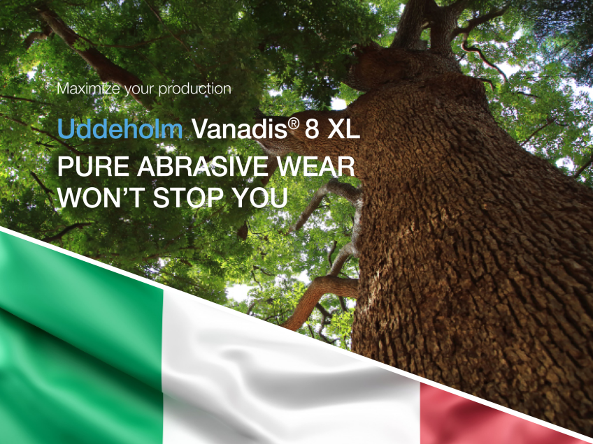 The image shows a large, leafy tree in a green, forested setting with a text banner advertising "Uddeholm Vanadis 8 XL Pure Abrasive Wear Won't Stop You".