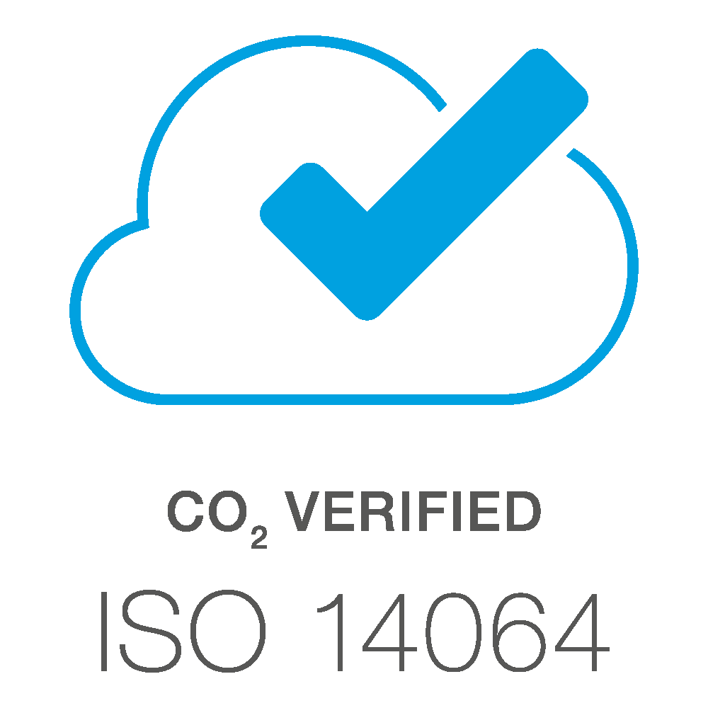 The image shows a blue cloud icon with a checkmark, and the text "CO2 VERIFIED ISO 14064".