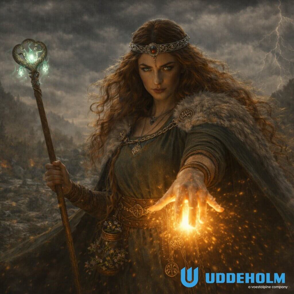 A woman holding a glowing staff stands in a stormy, dramatic landscape.
