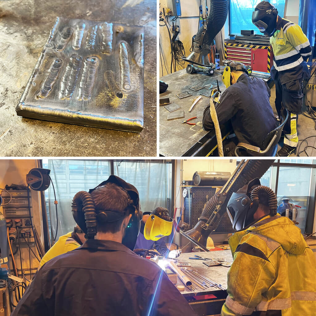 The image shows various welding tools, equipment, and protective gear used by workers in an industrial or workshop setting.