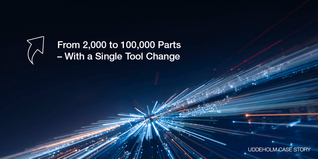 An image displaying a dynamic and visually striking abstract design with a blur of colorful light trails against a dark background, accompanied by text indicating the ability to change a large number of parts using a single tool.